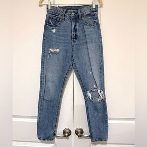 Levi's Light Blue Distressed Straight Leg 501 Vintage Skinny Red Tab Jeans